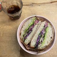 Sandwich with pea dip and roasted mushrooms  at Café Glad in Aarhus