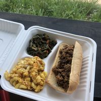Philly cheese sandwich with mac & cheese and greens  at Black Leaf Vegan Food Truck in Indianapolis