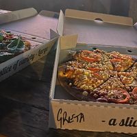 The vegan pizza and the margherita with vegan cheese  at Western Woodfired Pizza in Denham