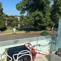 The outside terrace faces onto the pond with ducks and geese and other local wildlife. Really lovely outside space at Fitology Kitchen in Chislehurst
