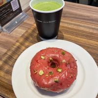 Raspberry pistachio donut and soy matcha latte  at 2foods - Shibuya Loft in Tokyo