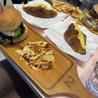 Egg sandwich croissants, teriyaki burger (left), spicy burger (right)  at 2foods - Shibuya Loft in Tokyo