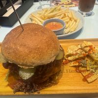 Spicy burger with fries and iced coffee   at 2foods - Shibuya Loft in Tokyo