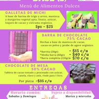 Menú 2 de productos base -dulces-
Entregas martes, miércoles (sujeto a disponibilidad en stock), sábados y domingos. at Kuju - Comida Vegana in San Luis Potosi