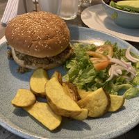 Vegetarian burger (vegan without the cheese)  at El Patito Modosito in Guatape