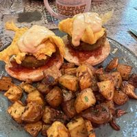Vegan eggs hollandaise and matcha latte with oatmilk.   at Gaslamp Breakfast Company in San Diego