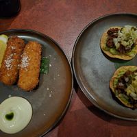 Padron croquettas $14: wasnt gooey, more like mashed potato texture but crispy and tasty aioli; Barbacoa tostadas $16: delish spicy mince, although couldn't taste pineapple at Lona Misa in South Yarra