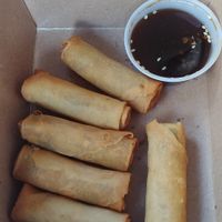 Spring rolls with dipping sauce. 6 per order. Crispy, flavorful. Not your usual dipping sauce but still good. $6.95 at Thai Vegan - temporarily closed in Albuquerque
