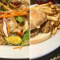 Wide noodle broccoli stir fry with soy beef & Cowboy Burger with fries at Thai Vegan - temporarily closed in Albuquerque