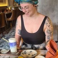 Xeo cake and vie que butterfly pea milk (tastes like a vanilla thick shake!)  at Vi Que Kitchen Restaurant in Ho Chi Minh City