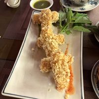 Crispy tofu with coriander sauce. The sauce was great, the tofu was very bland   at Vi Que Kitchen in Ho Chi Minh City