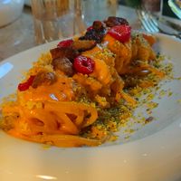 Carbonara pasta with smoked soya, toasted pistachio and special Vrindaa lab sauce at Vrindaa in Rome