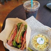 Vegan BLTA with vegan macaroni salad at Tiger Lily Cafe in Chesterton