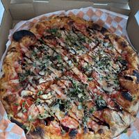 Vegan cheese, basil, micro greens, mushrooms, garlic and balsamic drizzle. I asked for a side of marinara also.   at Marty McPies in Corpus Christi