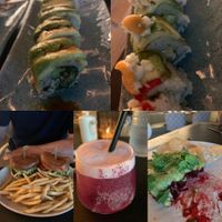 Dragon roll.  Rainbow roll. Burger. Lych please cocktail. “Tuna” beet tartare with tarp chips.  at PLANTA in West Palm Beach