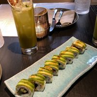 matcha mojito (virgin cocktail) and a dragon roll! at PLANTA in West Palm Beach