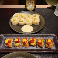 Crispy rice roll and California roll! at PLANTA in West Palm Beach