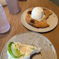 Chocolate chip cookie with vanilla ice cream, Key Lime Cheesecake (gluten free) at PLANTA in West Palm Beach