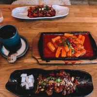 from back to front: dubu jorim (1), tteok bokki (5), fried cauliflower wings (2)  at Kini in Hamburg