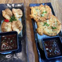 Kimchi potstickers and pancakes: both tasty. at Kini in Hamburg