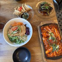 Bibimbap, kimchi dumplings, miso glazed eggplant and star of the meal: tteok bokki  at Kini in Hamburg