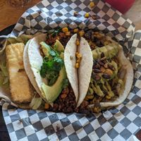 Left to right: crispy smoked tofu, tempeh chorizo, herbivore at Tacovore in Corvallis