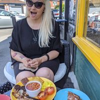 Happy with a huge vegan breakfast! at Scoff's in Horsforth