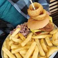 Bacon cheese burger with chips   at Scoff's in Horsforth