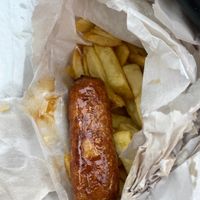 Yummy quorn vegan sausages and chips   at The Friar Tuck in Cirencester