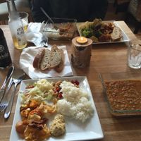 Buffet Plates - the square bowl is a lentil soup at Cafe Gaya in Aarhus