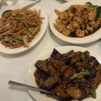 Szechuan chick’n 🙂 (top left), General Tso’s tofu 😟 (top right), eggplant in garlic sauce😋 (bottom)  at Chinatown Garden in Washington