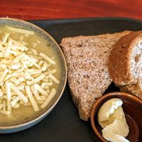 Roast cauliflower soup with vegan cheese at Bumbles' Rest Cafe in Ambleside