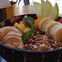 Acai bowl with banana, strawberry and other fresh fruits, granola and peanut butter at The Bakery in Santa Teresa