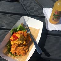 Cauliflower frittata, on a lettuce leaf with harissa houmous and kombucha  at The Bridge in Langport