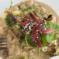 Vegan creamy butter beans and leeks with roast cabbage: delicious    at The Bridge in Langport