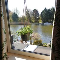 Uitzicht vanuit de bamboe kamer op het water.  at De Groene Mus  in Wervershoof