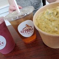 Berry Bliss smoothie, Mint Tea and Broccoli cheeze soup !! at The Beehive Cafe in Berkeley Springs