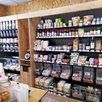 Bulk corner and some of the vegan products at Prends-en de la Graine in Angers