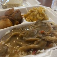 Oyster stew, Mac n cheese, potatoes, corn bread. Yum!  at Hungry Vegan in Savannah