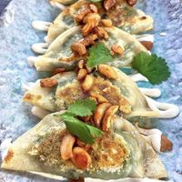 Spinach & tofu dumplings   at Lucky Robot in Austin