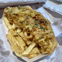 Pizza crunch (half of a vegan pizza deep fried) & chips   at The Chippy Blairgowrie in Blairgowrie