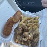 Haggis balls, chips and potato fritters   at The Chippy Blairgowrie in Blairgowrie