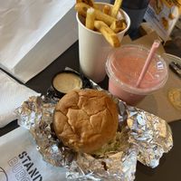 OG Burger (gluten free bun), Fries, Strawberry Shake  at Stand-Up Burgers - Diversey in Chicago