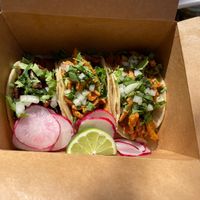 Three vegan tacos, really good  at Crearéé (FKA Mercado Mexico) in Bishop