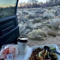 They have a nice patio but I found a scenic spot to eat  at Crearéé (FKA Mercado Mexico) in Bishop