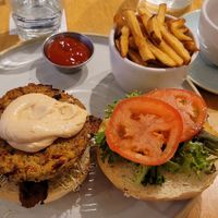 Burger with a side of fries (how it's served) at Fresh Kitchen + Juice Bar Hurontario in Mississauga