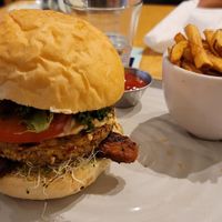 Same burger with the top on (its very tall 😳) at Fresh Kitchen + Juice Bar Hurontario in Mississauga