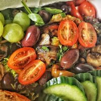 Fried aubergibe, bell pepper, mushrooms, olives and grapes at Goldjunge Aachen-Laurensberg in Aachen