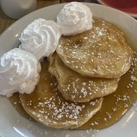 Vegan pancakes with golden ‘maple’ syrup & vegan whipped cream  at Wells Deli in Wells-next-the-sea