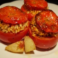 Vegan Stuffed Tomatoes with Rico, Potatoes, Basil, Garlic, Evoo, Parsley at The Rolling Pin Cooking School in Padua
